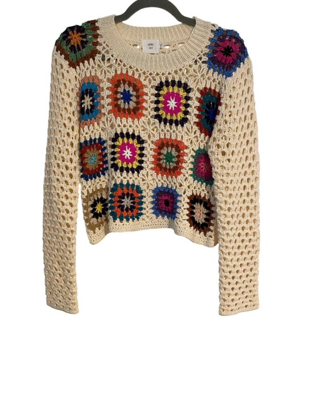 Luna Ivy Anthropologie Women M Cream Sweater Granny Square Crochet Cropped Boho